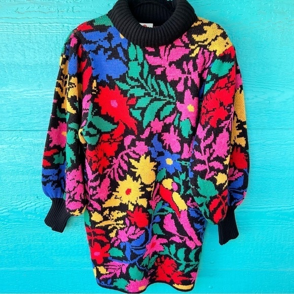 FARM RIO TROPICAL GARDEN COZY SOFT SWEATER DRESS COWL FUNNEL NECK SIZE MEDIUM - Picture 9 of 16